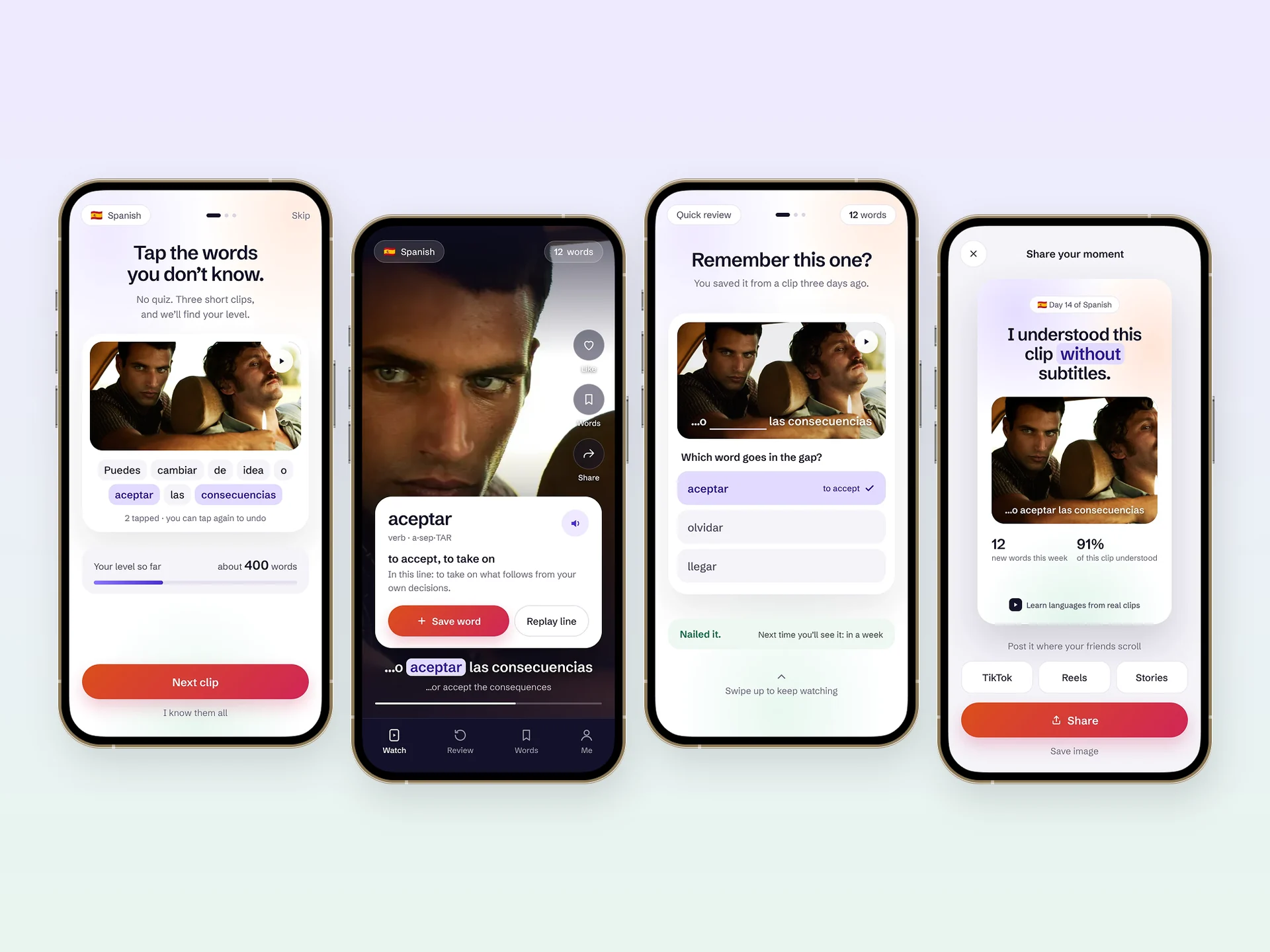 Four phone screens for the new app on a soft lavender background