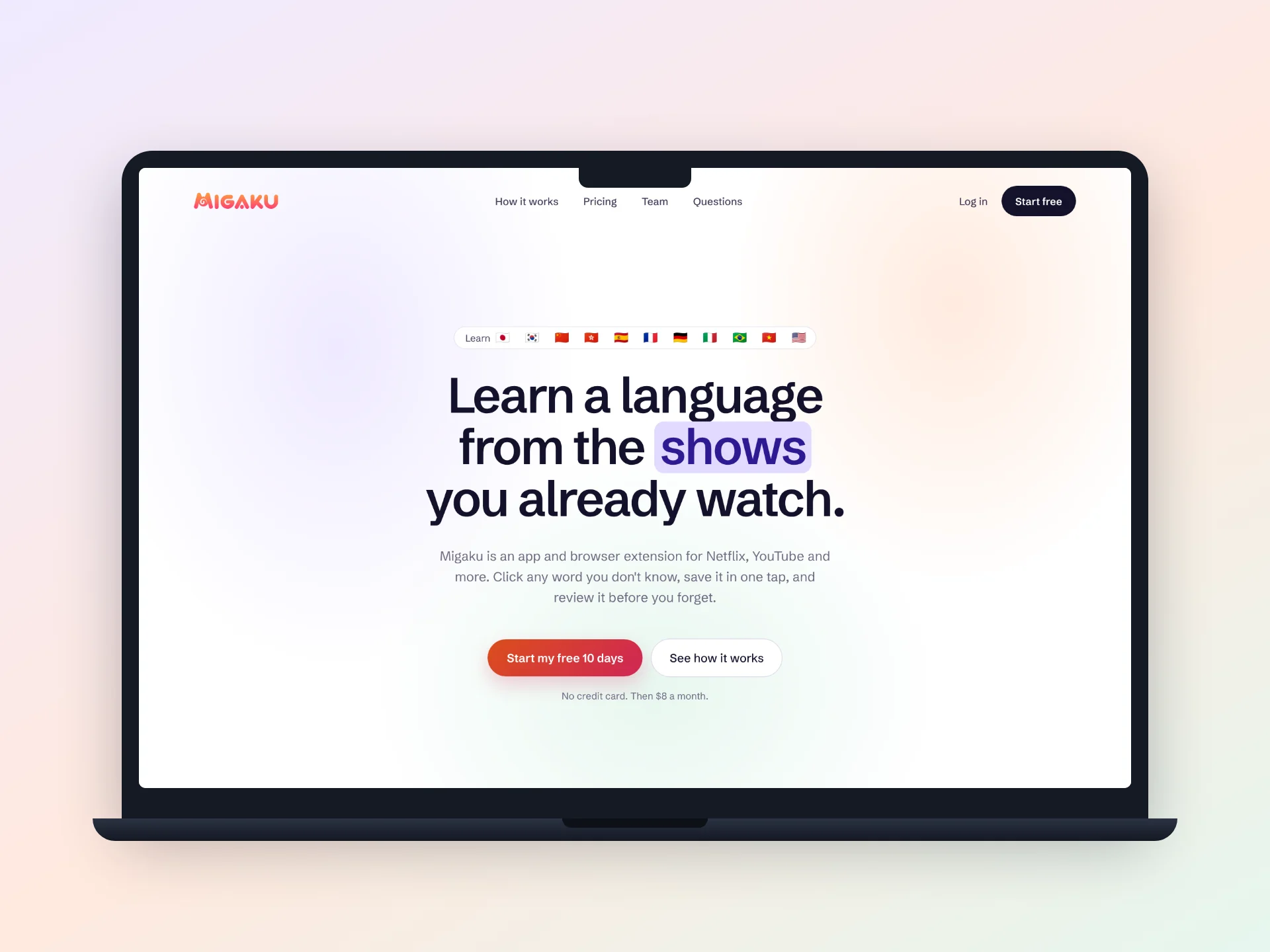 The Migaku homepage redesign on a laptop against a soft lavender and peach background