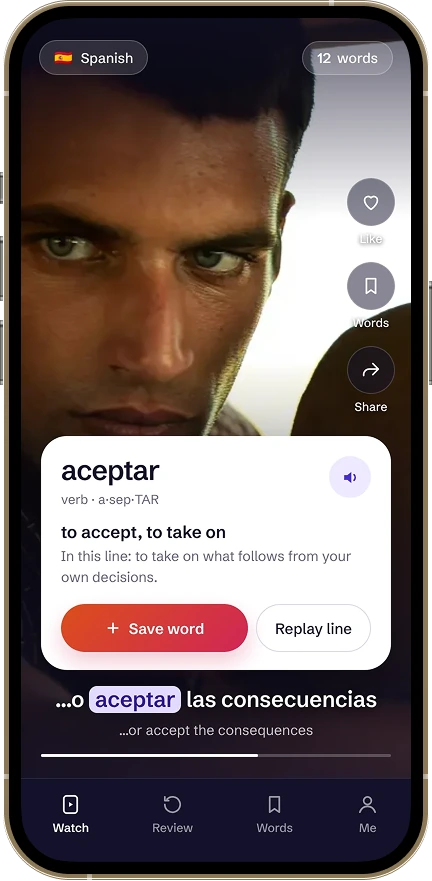 The feed: a full-screen clip with a tapped word and its meaning