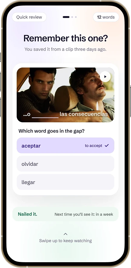 Review between clips: which word goes in the gap?
